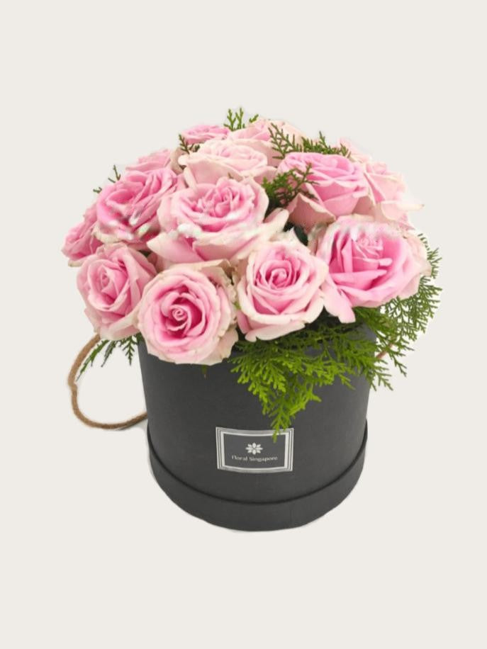 pink roses in box for anniversary flowers or birthday flowers